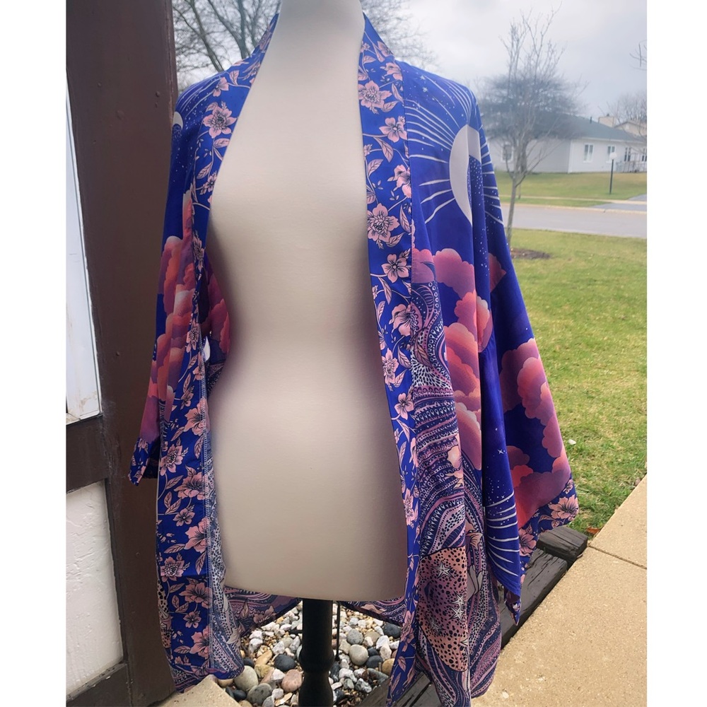 New Bohemian Moon & Stars Mixed Floral Print Kimono Cardigan Jacket Robe - Picture 17 of 17